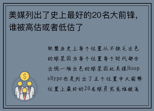 美媒列出了史上最好的20名大前锋，谁被高估或者低估了