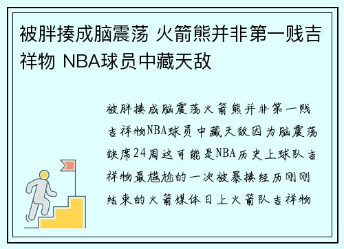 被胖揍成脑震荡 火箭熊并非第一贱吉祥物 NBA球员中藏天敌