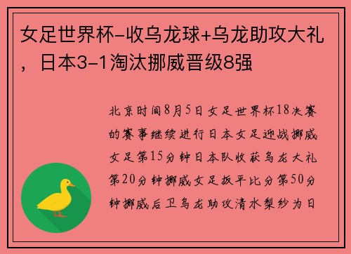 女足世界杯-收乌龙球+乌龙助攻大礼，日本3-1淘汰挪威晋级8强